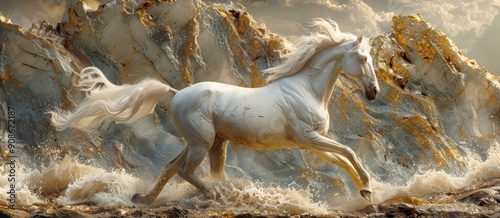 White Stallion Running Through Golden Mountains