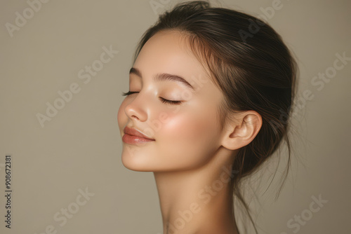 A close up of a girl's face with her eyes closed