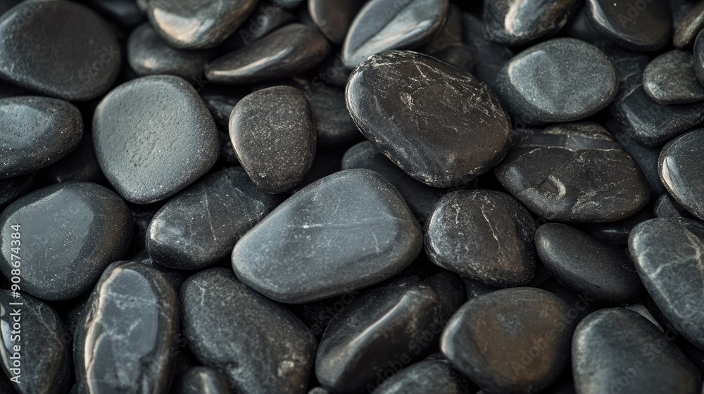 Flat lay of black pebbles, perfect for a spa or relaxation theme. Flat lay of black pebbles, perfect for a spa or relaxation theme.