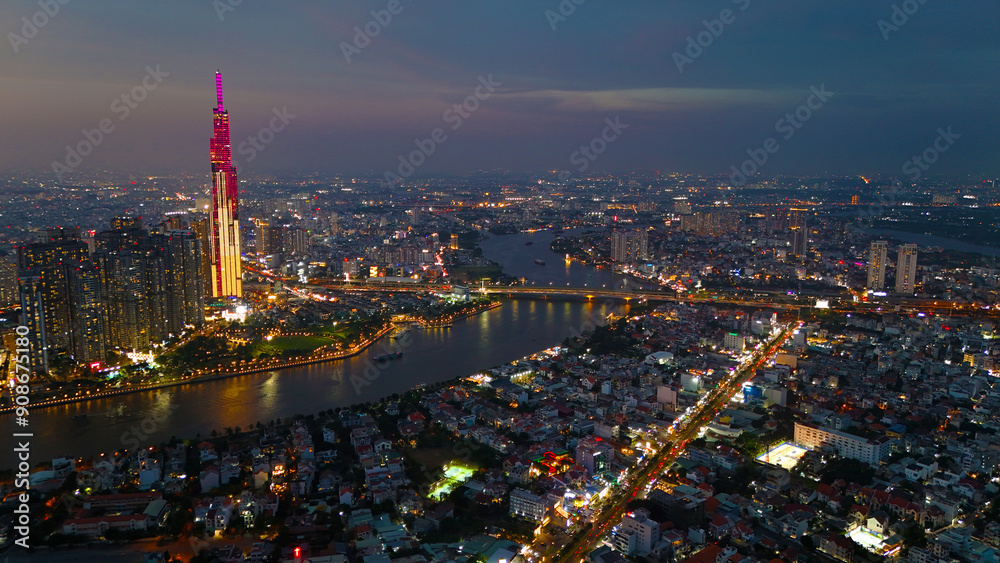 Fototapeta premium An aerial view of Ho Chi Minh City at sunset, vibrant colorful s