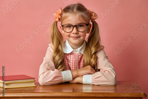 Portrait of a school girl in a suit with backpack ready to go to school on plain color background