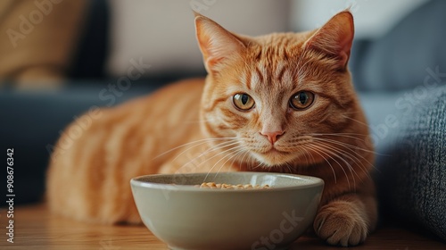 Cute ginger cat near feeding bowl at home 