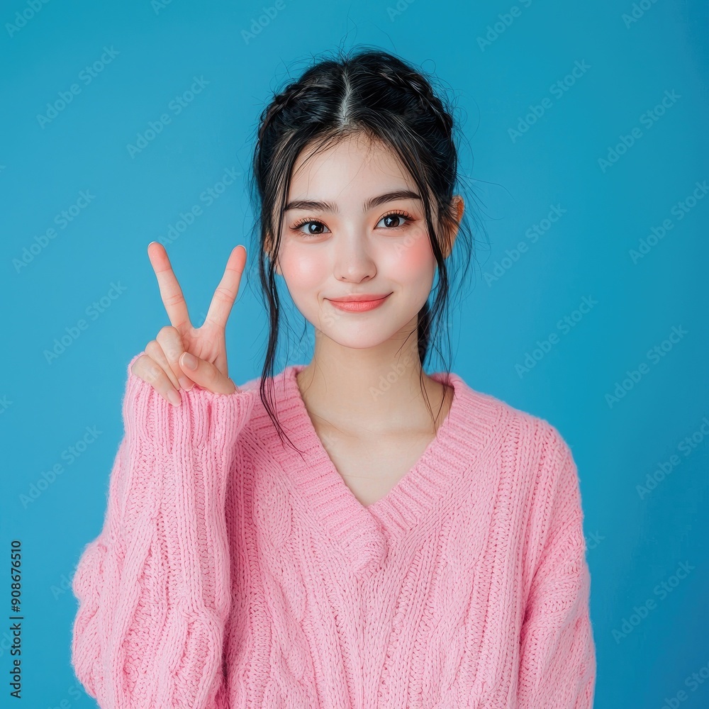 photography of Portrait of nice young woman show v-sign wear pink sweater isolated on blue color background photography of Portrait of nice young woman show v-sign wear pink sweater isolated on blue color background