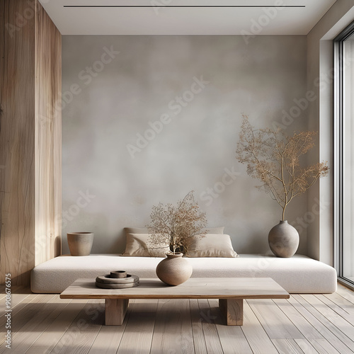 Aesthetic elegant minimalist japandi interior design. Clear mock up empty wall for decoration. Copy space. Neutral palette of natural colors. photo