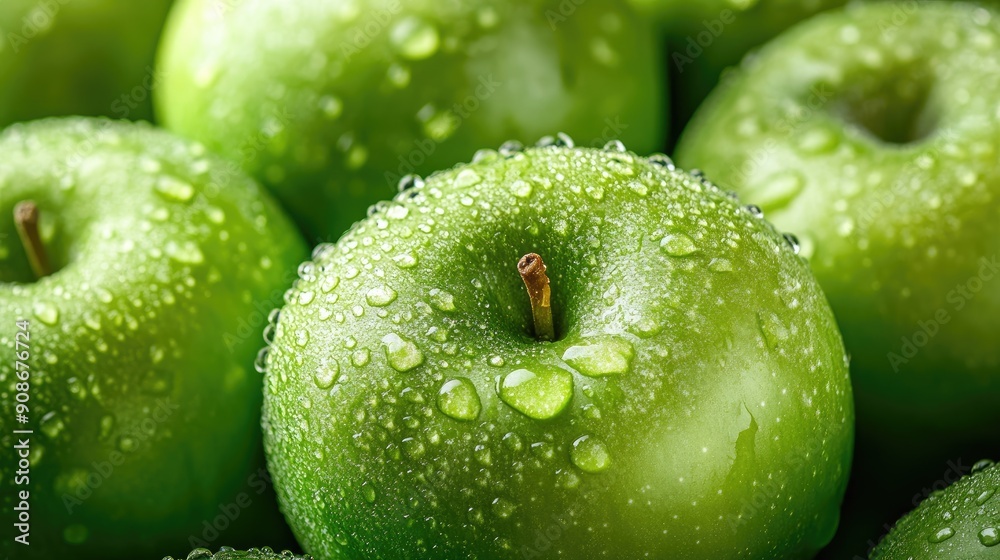 Green apples with water droplets, creating a fresh and juicy pile Green apples with water droplets, creating a fresh and juicy pile