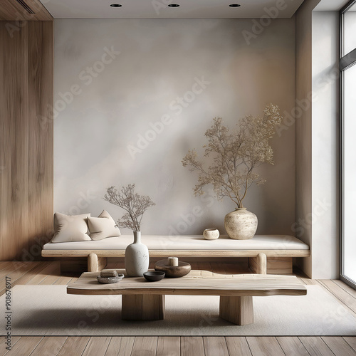 Aesthetic elegant minimalist japandi interior design. Clear mock up empty wall for decoration. Copy space. Neutral palette of natural colors. photo