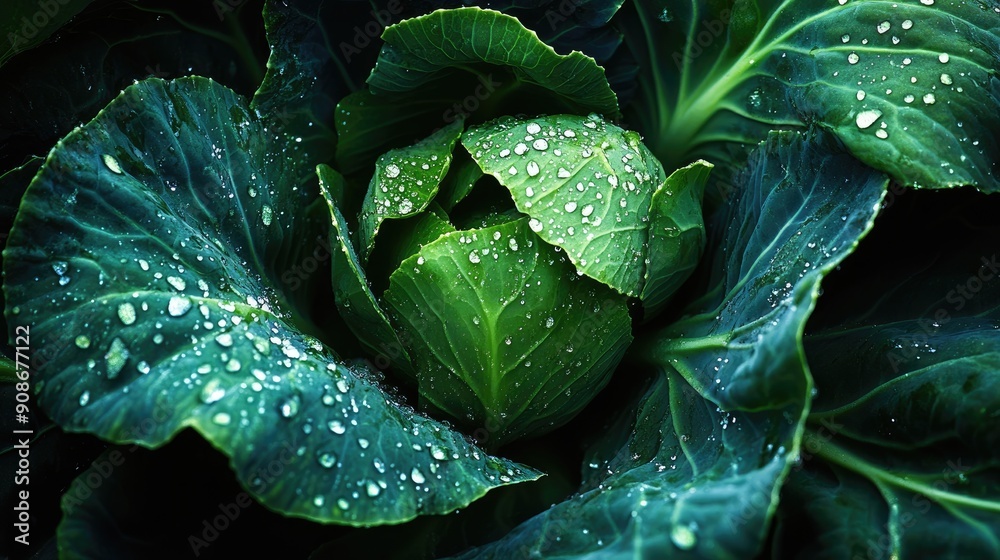 Green cabbage with raindrops, close-up view highlighting its freshness and texture. Green cabbage with raindrops, close-up view highlighting its freshness and texture.