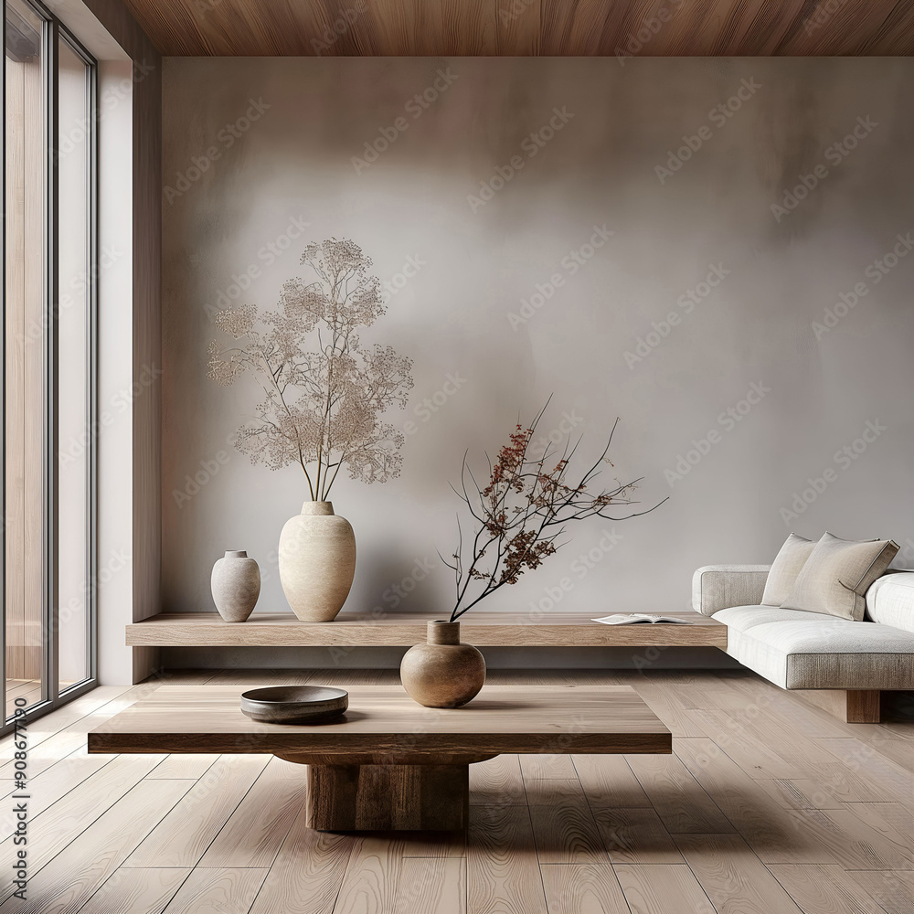 Aesthetic elegant minimalist japandi interior design. Clear mock up empty wall for decoration. Copy space. Neutral palette of natural colors. Aesthetic elegant minimalist japandi interior design. Clear mock up empty wall for decoration. Copy space. Neutral palette of natural colors.