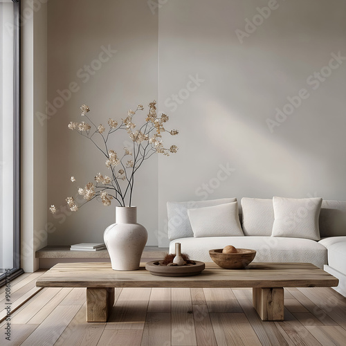 Aesthetic elegant minimalist japandi interior design. Clear mock up empty wall for decoration. Copy space. Neutral palette of natural colors. photo