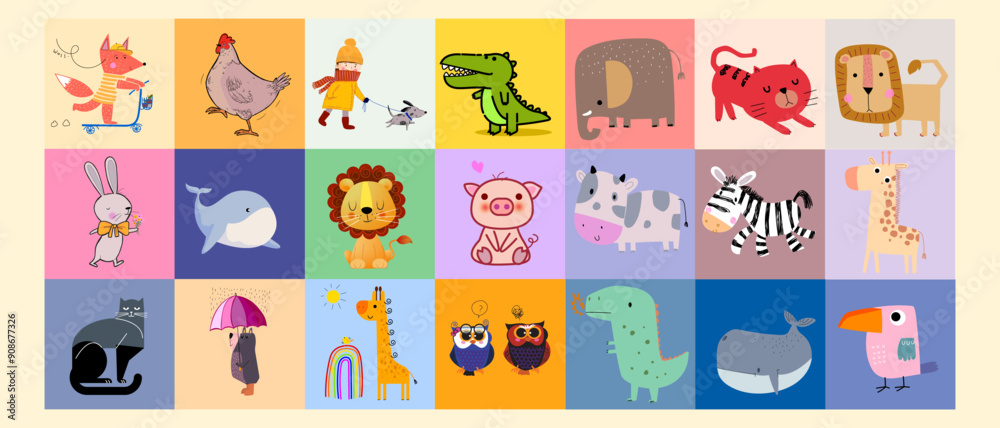Fototapeta premium Colorful Cute animals character for kids and baby nursery vector illustration. Childish scandinavian style hand drawn poster, wall art, greeting cards.