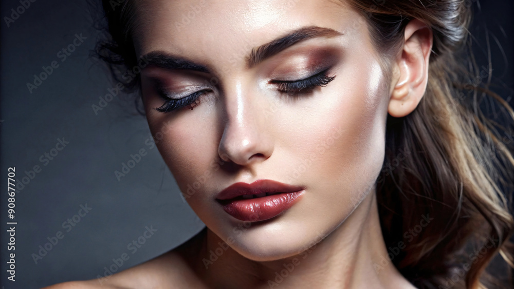 Fototapeta premium Sensual brunette model with flawless skin and captivating eyes in a glamorous close-up studio portrait