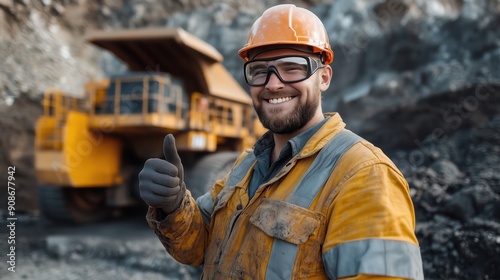 A male mining worker in a hard hat and safety vest smiling