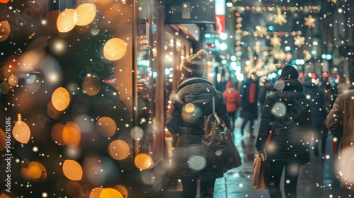 Festive Holiday Shopping: People on Busy Street with Christmas Lights and Snowfall