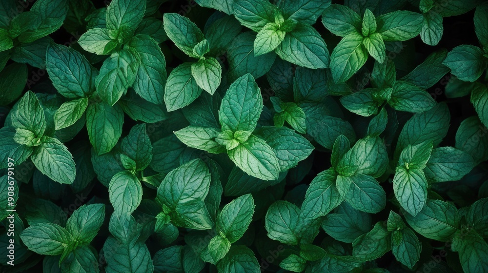 Lush mint leaves covering the frame in a top view, vibrant and healthy. Lush mint leaves covering the frame in a top view, vibrant and healthy.