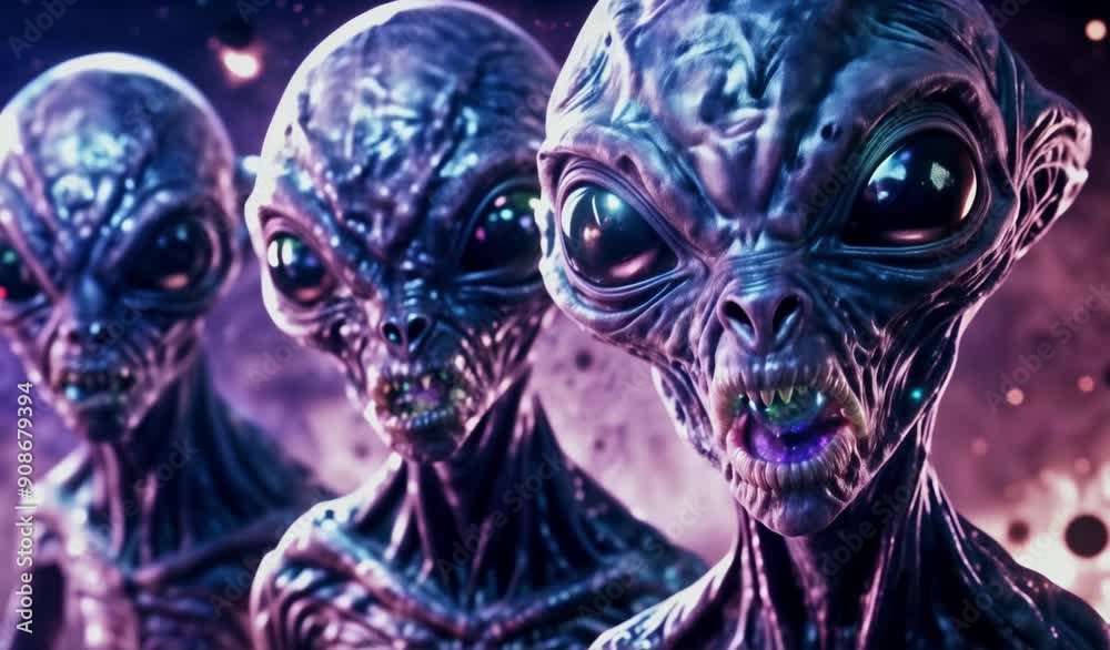 Three Aliens with Large Eyes in a Space Setting Three Aliens with Large Eyes in a Space Setting