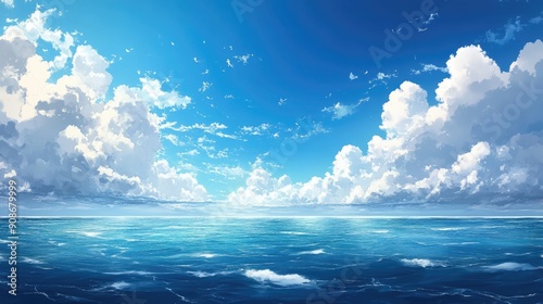 Fototapeta Naklejka Na Ścianę i Meble -  Ocean view with clouds in anime style, creating a tranquil and picturesque scene.