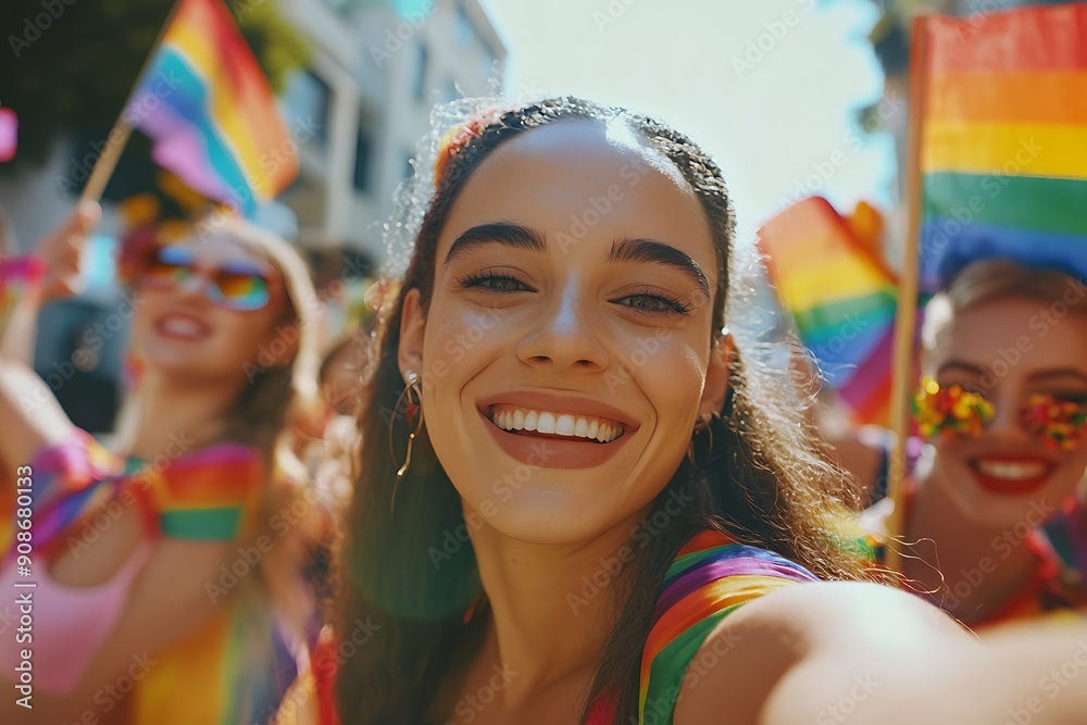 A joyful selfie of a group of LGBTQIA individuals smiling and holding rainbow flags at a pride parade, celebrating and supporting the LGBTQIA community A joyful selfie of a group of LGBTQIA individuals smiling and holding rainbow flags at a pride parade, celebrating and supporting the LGBTQIA community