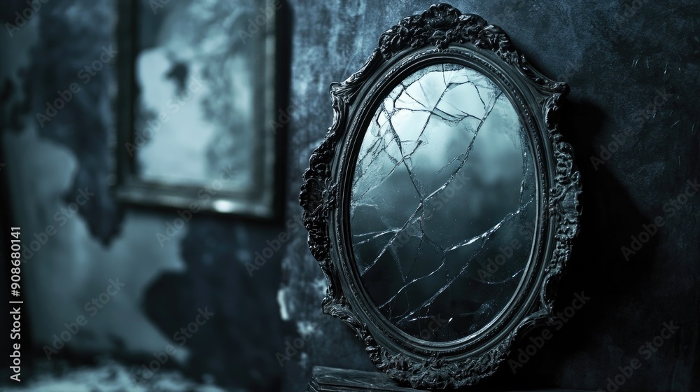 Obraz premium Old ornate mirror with a cracked frame on a shadowy background, evoking a horror theme.