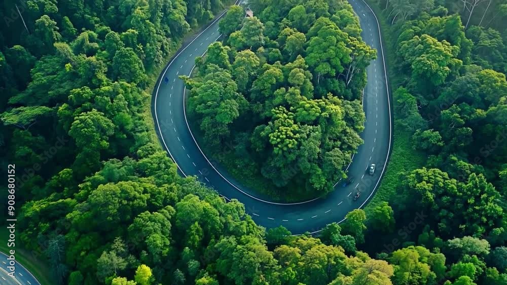 Top view from above a lovely bend road among a canopy of greenery Top view from above a lovely bend road among a canopy of greenery