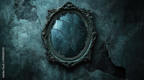 Old ornate mirror with a cracked frame on a shadowy background, evoking a horror theme. photo