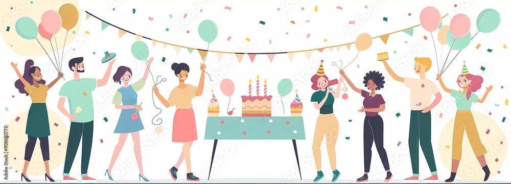 Happy group of friends having fun at a birthday party. People are celebrating with cake and balloons in the style of a flat vector illustration with a cartoon style and simple clean lines Happy group of friends having fun at a birthday party. People are celebrating with cake and balloons in the style of a flat vector illustration with a cartoon style and simple clean lines