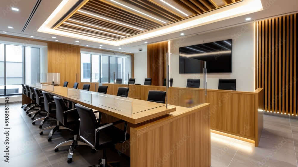 A modern legal firm with interactive digital courtrooms and neon consultation rooms, delivering justice