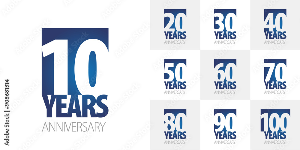 Set of Anniversary decades vector creative design emblems with negative space numbers blue color on white background for celebration event, invitation, greeting, web template, leaflet and booklet.ai Set of Anniversary decades vector creative design emblems with negative space numbers blue color on white background for celebration event, invitation, greeting, web template, leaflet and booklet.ai