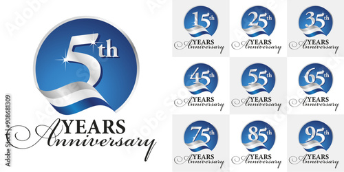 Set of Anniversary vector creative design circle emblems with ribbon and silver numbers blue color on white background for celebration event, invitation, greeting, web template, leaflet and booklet.ai photo