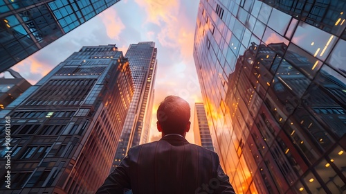 Businessman gazing at towering skyscrapers against a vibrant sunset skyline in the city center