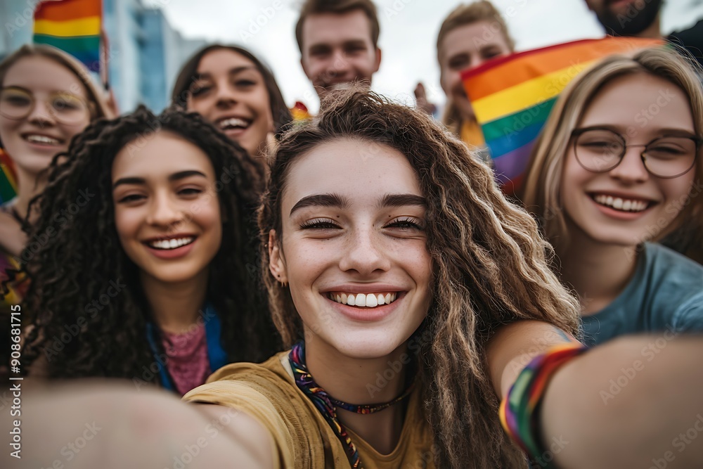 Fototapeta premium A joyful selfie of a group of LGBTQIA individuals smiling and holding rainbow flags at a pride parade, celebrating and supporting the LGBTQIA community