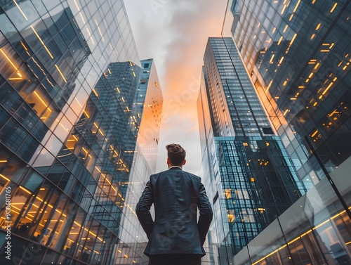 Businessman Gazes Upward at Towering Skyscrapers Bathed in Sunset Glow