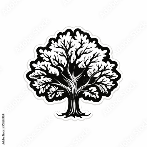 A stylized black and white line drawing of a sycamore tree.