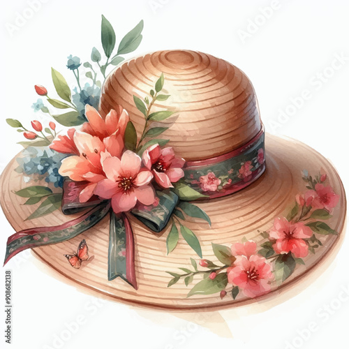 accessory with flowers hand drawn illustration on beige women's hat