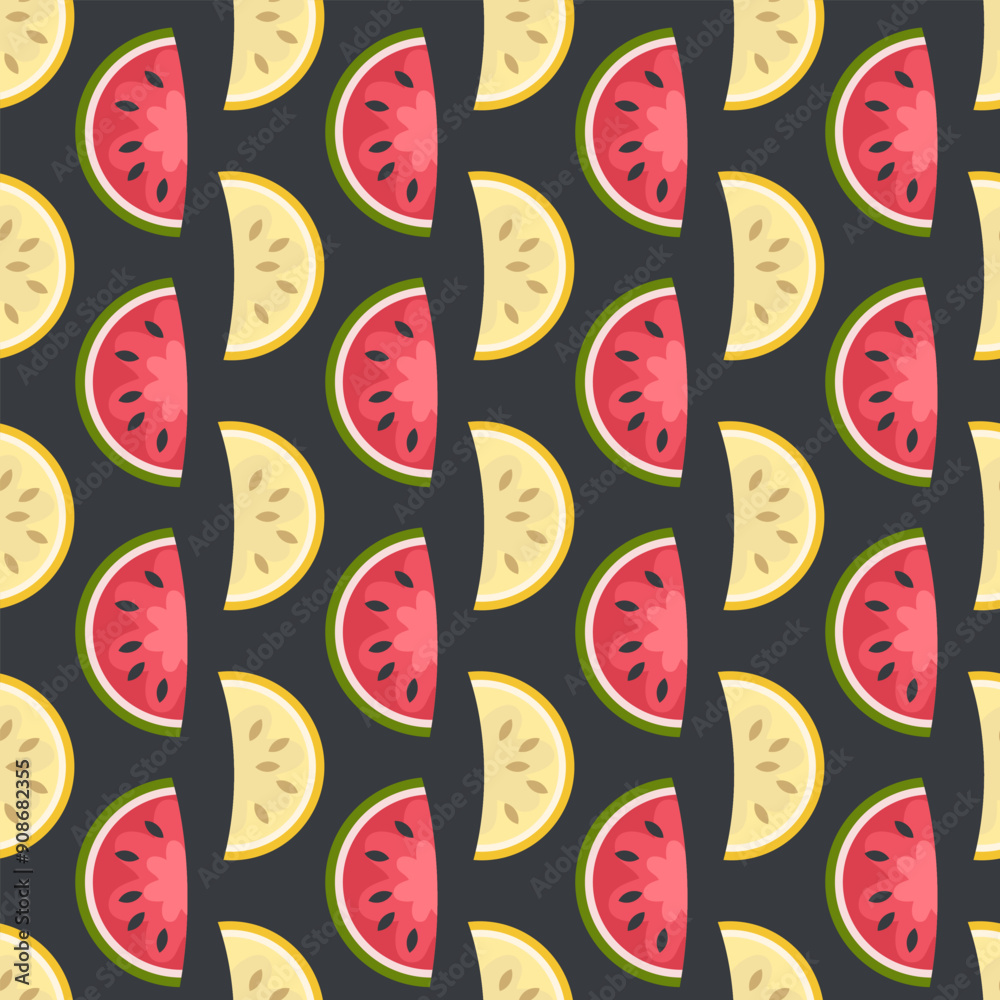 Flat geometric vector pattern with melon and watermelon slices. Perfect template for banner, cover, background, card, sale. Hand drawn illustration. Flat geometric vector pattern with melon and watermelon slices. Perfect template for banner, cover, background, card, sale. Hand drawn illustration.