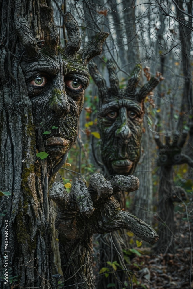 Fear of the Natural World. A forest where trees have eyes and branches form into hands, creatures made of leaves and dirt emerging from the underbrush, symbolizing the fear of nature. Fear of the Natural World. A forest where trees have eyes and branches form into hands, creatures made of leaves and dirt emerging from the underbrush, symbolizing the fear of nature.