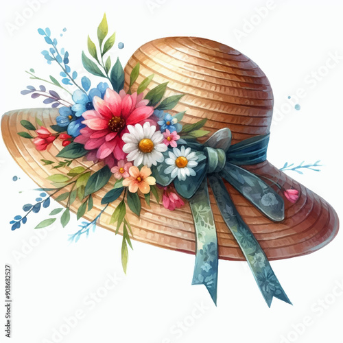 women's hat accessory with flowers hand drawn illustration