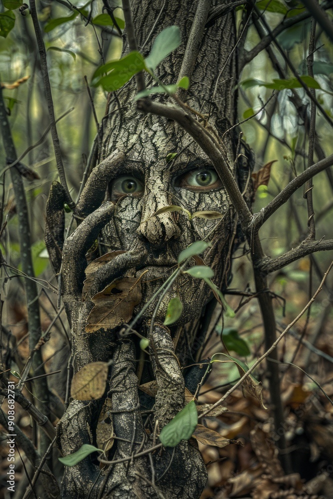 Obraz premium Fear of the Natural World. A forest where trees have eyes and branches form into hands, creatures made of leaves and dirt emerging from the underbrush, symbolizing the fear of nature.