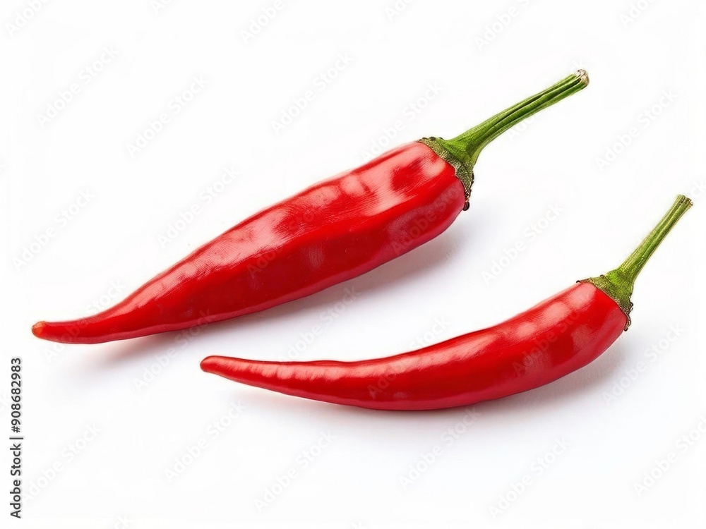 Vibrant red chili peppers with green stems are arranged on a clean white background. AI generated.
Vibrant red chili peppers with green stems are arranged on a clean white background. AI generated.