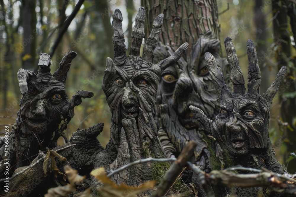 Fear of the Natural World. A forest where trees have eyes and branches form into hands, creatures made of leaves and dirt emerging from the underbrush, symbolizing the fear of nature. Fear of the Natural World. A forest where trees have eyes and branches form into hands, creatures made of leaves and dirt emerging from the underbrush, symbolizing the fear of nature.