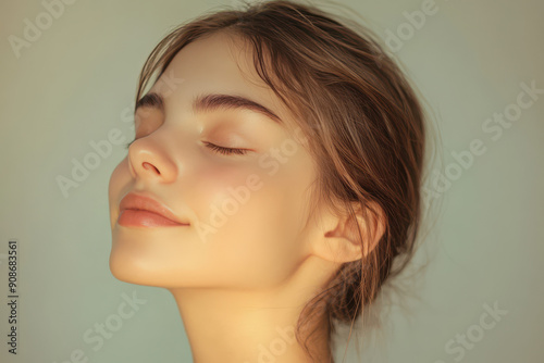 A close up of a girl's face with her eyes closed