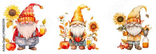Set of Kawaii Gnome in autumn attire with sunflower and apple cider clipart isolated on transparent background