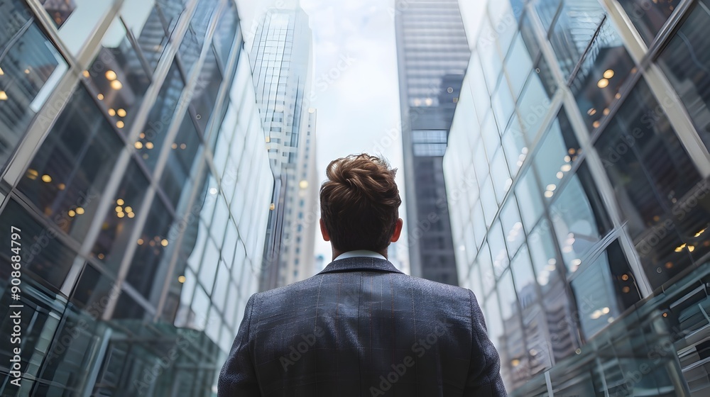 Businessman Gazing Upwards at Towering City Skyscrapers with Clear Space Businessman Gazing Upwards at Towering City Skyscrapers with Clear Space