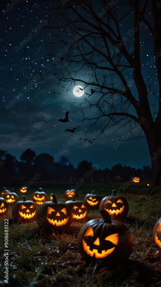 Fototapeta premium A bats flying in the night sky on a full moon on Halloween, Jack-o'-lantern pumpkins are light on the ground