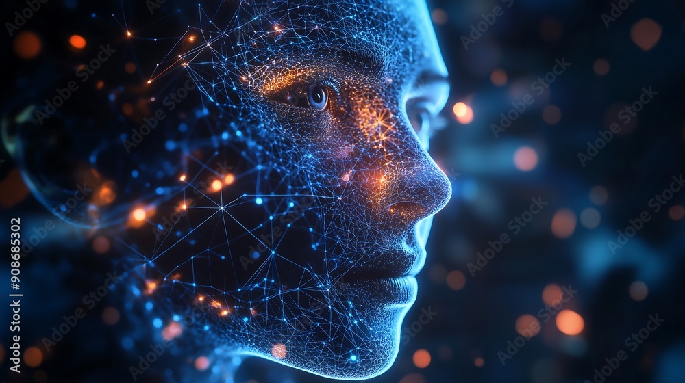 Artificial intelligence on a futuristic humanoid with glowing network connections Artificial intelligence on a futuristic humanoid with glowing network connections