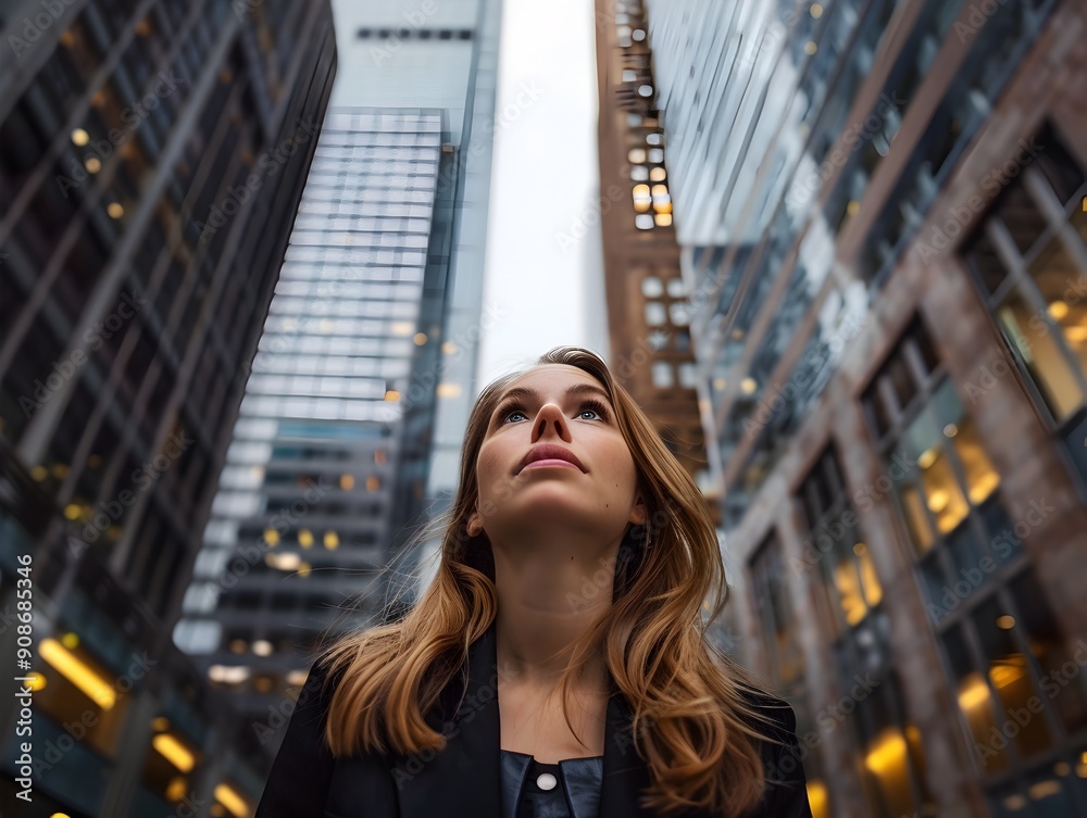Ambitious Businesswoman Gazes Upward at Towering Skyscrapers in the City Ambitious Businesswoman Gazes Upward at Towering Skyscrapers in the City
