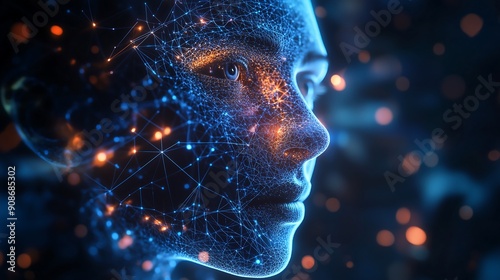 Artificial intelligence on a futuristic humanoid with glowing network connections