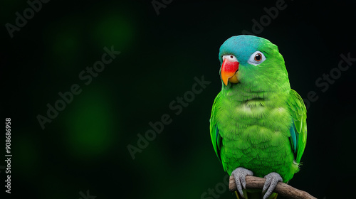 lue-naped parrot, Tanygnathus lucionensis, colorful parrot, native to Philippines. Green parrot with red beak and light blue rear crown sitting on twig isolated against dark green jungle background. photo