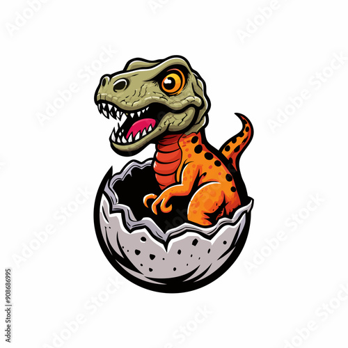 A mother Tyrannosaurus Rex stands protectively over her baby dinosaur hatching from an egg.