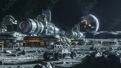 Interconnected lunar base modules and rovers in moon settlement  realistic space exploration image