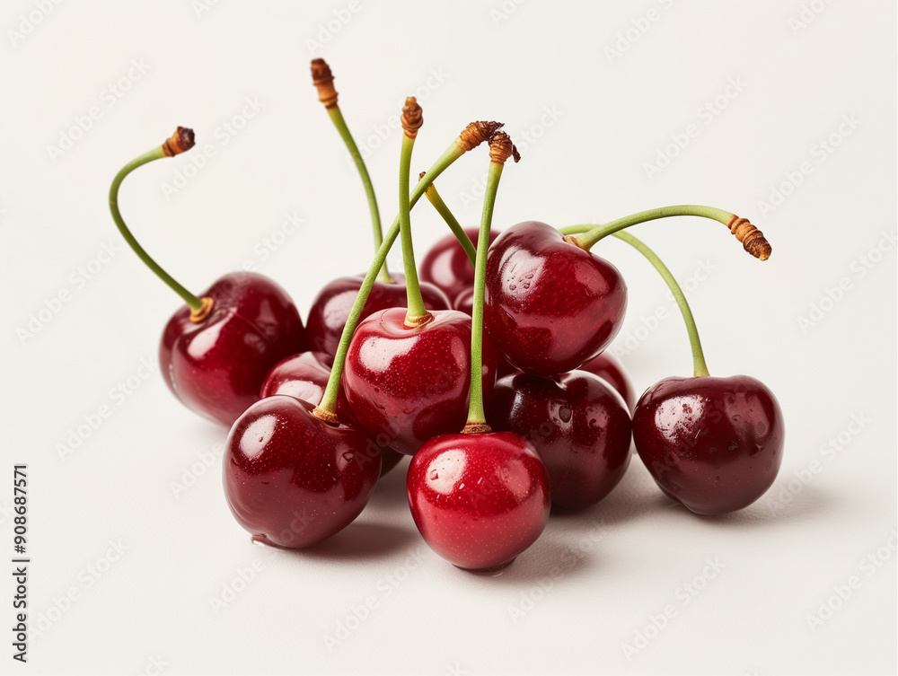 Ripe red cherries isolated on white, juicy and sweet summer fruit closeup Ripe red cherries isolated on white, juicy and sweet summer fruit closeup